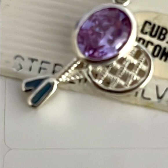Jezlaine Sterling Silver Tennis Racket Pendant Purple Cubic Zurconia VTG NWT - Picture 5 of 6